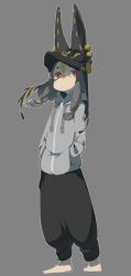Rule 34 | 1girl, abata, anubis (mythology), baggy pants, egyptian, expressionless, female focus, grey background, hands in pockets, hat, hood, hoodie, original, pants, simple background, solo
