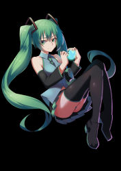Rule 34 | 1girl, absurdres, black background, detached sleeves, full body, green eyes, green hair, hatsune miku, highres, long hair, looking at viewer, necktie, simple background, skirt, solo, thighhighs, twintails, very long hair, vocaloid, yueye (blbl-y)