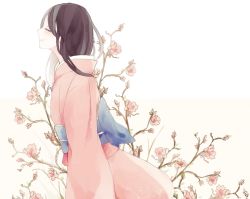 Rule 34 | 1girl, blush, c4991, closed eyes, flower, japanese clothes, kimono, obi, original, plum blossoms, sash, smile, solo
