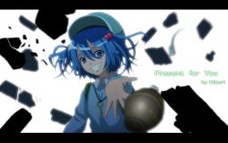 Rule 34 | 1girl, bag, blue eyes, blue hair, crazy smile, english text, evil grin, evil smile, explosive, female focus, grenade, grin, jewelry, kawashiro nitori, key, letterboxed, looking at viewer, necklace, smile, solo, teeth, tomon (slash0410), touhou, two side up
