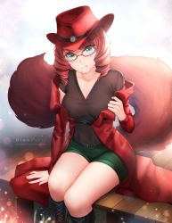 Rule 34 | 1girl, artist name, bad id, bad pixiv id, belt, belt buckle, blurry, blurry background, blush, boots, breasts, buckle, collarbone, dot nose, drill hair, fluffy, gigamessy, glasses, green eyes, green shorts, grin, hat, jacket, looking at viewer, medium breasts, naughty face, original, outdoors, patreon username, red hair, red hat, red jacket, short shorts, shorts, sitting, smile, solo, tail, taking off, thighs, v-neck
