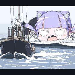 Rule 34 | 1girl, 1other, ^ ^, animal ears, blank eyes, blush stickers, boat, cat ears, closed eyes, commentary request, giant, giantess, godzilla (series), godzilla minus one, letterboxed, lokulo-chan (lokulo no mawashimono), lokulo no mawashimono, lowres, ocean, open mouth, original, parody, purple eyes, translation request, watercraft