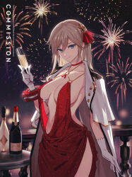 Rule 34 | 1girl, aerial fireworks, alcohol, alisa ilinichina amiella, alternate costume, blue eyes, bracer, breasts, champagne, champagne bottle, champagne flute, choker, cleavage, closed mouth, coat, coat on shoulders, collarbone, commentary, commission, cup, dress, drinking glass, evening gown, fireworks, gloves, god eater, god eater 2: rage burst, grey hair, hair between eyes, hair ribbon, hand up, highres, holding, holding cup, large breasts, long hair, looking at viewer, navel, night, o-ring dress, outdoors, railing, red choker, red dress, red ribbon, ribbon, sidelocks, sleeveless, sleeveless dress, smile, solo, standing, stomach, sumustard, table, white coat, white gloves