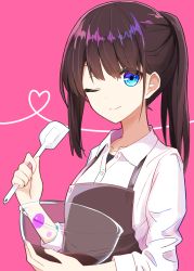 Rule 34 | 1girl, ;), a.a (aa772), apron, bowl, brown apron, brown hair, closed mouth, collared shirt, commentary request, dress shirt, fingernails, hakama-chan (aa), heart, holding, holding bowl, long hair, long sleeves, looking at viewer, one eye closed, original, pink background, ponytail, shirt, sidelocks, simple background, sleeves pushed up, smile, solo, spatula, transparent, white shirt