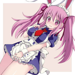 Rule 34 | 1girl, alternate costume, animal ears, apron, blush, breasts, enmaided, female focus, givuchoko, hair ribbon, large breasts, maid, maid apron, maid headdress, necktie, purple eyes, purple hair, rabbit ears, red necktie, reisen udongein inaba, ribbon, solo, touhou, twintails, wrist cuffs