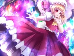 Rule 34 | 1girl, ascot, blonde hair, female focus, flandre scarlet, hand on own chest, hat, hat ribbon, long skirt, outstretched arm, outstretched hand, parted lips, red eyes, ribbon, short hair, side ponytail, skirt, skirt set, solo, taka (sanoujo358), touhou, wings