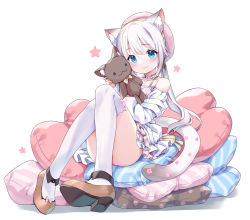 Rule 34 | 1girl, amimi, animal ears, blue eyes, cat ears, cat girl, cat tail, commission, effiez (vtuber), hat, highres, holding, holding stuffed toy, indie virtual youtuber, long hair, looking at viewer, pillow, shirt, skeb commission, stuffed animal, stuffed cat, stuffed toy, tail, twintails, virtual youtuber, white background, white shirt