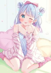 Rule 34 | :p, between legs, blue eyes, blue hair, blush, bow, bow earrings, bowtie, breasts, camisole, cleavage, collarbone, cube hair ornament, double bun, earrings, finger to cheek, frilled jacket, frills, gradient hair, hair bow, hair bun, hair ornament, hand between legs, heart ornament, highres, jacket, jewelry, knee blush, looking at viewer, multicolored hair, off shoulder, on bed, one eye closed, open clothes, open jacket, original, pillow, pink bow, pink bowtie, shirt, shoulder blush, sitting, sleeves past wrists, socks, star ornament, striped clothes, striped jacket, striped shirt, striped socks, sugutsuka rerun, tongue, tongue out, wariza