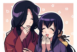 Rule 34 | 2girls, :d, ^ ^, akeginu, asada hachi, banned artist, basilisk (manga), black hair, border, brown ribbon, closed eyes, commentary request, facing viewer, floral background, hair between eyes, hair over one eye, hair ribbon, hand to own mouth, hand up, hands up, happy, iga oboro, japanese clothes, kimono, laughing, light blush, long hair, long sleeves, multiple girls, open mouth, outline, outside border, parted lips, purple kimono, red kimono, ribbon, smile, twitter username, upper body, watermark, white border, white outline, wide sleeves
