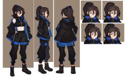 Rule 34 | 1girl, ankle boots, black footwear, black jacket, black pants, boots, brown hair, character sheet, closed mouth, cropped shirt, distr, expressions, hair between eyes, highres, jacket, looking at viewer, midriff, multiple views, navel, open clothes, open jacket, open mouth, original, pants, ponytail, standing