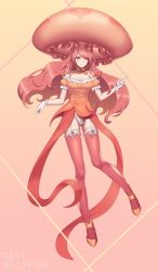 Rule 34 | 1girl, absurdres, bare shoulders, breasts, closed mouth, detached sleeves, dress, english text, full body, garter belt, garter straps, gloves, gradient background, highres, jellyfish girl, kokoala, long hair, looking at viewer, neck ribbon, original, personification, pink background, pink dress, pink eyes, pink hair, pink legwear, pink ribbon, puffy sleeves, ribbon, shoes, short dress, short sleeves, simple background, sleeveless, sleeveless dress, solo, strapless, strapless dress, white gloves, yellow footwear