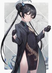 Rule 34 | 1girl, black dress, black gloves, black jacket, blue archive, breasts, butterfly hair ornament, china dress, chinese clothes, commentary, covered navel, double bun, dragon print, dress, gloves, grey eyes, hair bun, hair ornament, halo, highres, jacket, kisaki (blue archive), long hair, long sleeves, looking at viewer, pelvic curtain, pinstripe pattern, print dress, sleeveless, sleeveless dress, small breasts, solo, striped clothes, striped jacket, thighs, twintails, vertical-striped clothes, vertical-striped jacket, yoyopipa