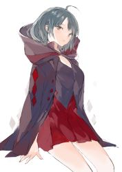 Rule 34 | 1girl, ahoge, brown eyes, cloak, commentary request, grey hair, hood, hooded cloak, looking at viewer, lpip, open mouth, original, pleated skirt, red skirt, sidelocks, simple background, sitting, skirt, solo, thighs, white background