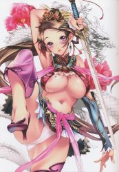 Rule 34 | 1girl, absurdres, areola slip, arm guards, breasts, brown hair, china dress, chinese clothes, copyright request, cover, dragon, dress, eastern dragon, flower, grey background, high heels, highres, holding, holding sword, holding weapon, image sample, jian (weapon), large breasts, leg up, long hair, looking at viewer, navel, nishieda, no bra, panties, parted lips, purple eyes, shiny skin, simple background, solo, standing, standing on one leg, sword, tiara, underboob, underwear, weapon