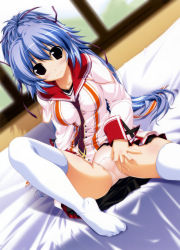Rule 34 | 1girl, absurdres, blue hair, blush, clothes lift, feet, hand on own thigh, highres, mitsumine minato, no shoes, oshiki hitoshi, panties, school uniform, solo, suzunone seven, thighhighs, underwear, white thighhighs