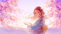 Rule 34 | 1girl, backlighting, blush, cherry blossoms, floral print, flower, hill, japanese clothes, kimono, long hair, long sleeves, looking at viewer, looking back, original, outdoors, petals, red eyes, signature, sky, smile, solo, tsubaki (teatime0), wavy hair