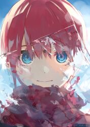 Rule 34 | 1girl, absurdres, ayauchi, blue eyes, close-up, closed mouth, go-toubun no hanayome, highres, ice, looking at viewer, nakano ichika, red hair, red scarf, scarf, short hair, solo, transparent