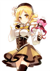 Rule 34 | 10s, 1girl, blonde hair, blush, charlotte (madoka magica), detached sleeves, drill hair, fingerless gloves, gloves, hat, looking at viewer, magical girl, mahou shoujo madoka magica, mahou shoujo madoka magica (anime), nardack, simple background, smile, solo, thighhighs, tomoe mami, twin drills, twintails, yellow eyes