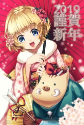 Rule 34 | 1girl, 2019, 8931ponzu, :d, animal, blonde hair, blue eyes, boar, chinese zodiac, eyes visible through hair, floral print, flower, fur collar, hair flower, hair ornament, holding, holding umbrella, japanese clothes, kimono, long sleeves, looking at viewer, nengajou, new year, obi, oil-paper umbrella, open mouth, original, over shoulder, pink flower, pink kimono, red flower, red umbrella, sash, short hair, smile, solo, umbrella, wide sleeves, year of the pig