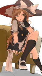 Rule 34 | 1girl, absurdres, apron, arm support, armchair, black dress, black gloves, black socks, blonde hair, bow, braid, buttons, chair, crossed legs, dress, feet out of frame, fingerless gloves, frilled dress, frills, gloves, hat, hat bow, high heels, highres, kirisame marisa, kneehighs, long hair, mary janes, necro (nekurodayo), shoes, short sleeves, sitting, socks, solo, touhou, very long hair, waist apron, white background, white bow, witch hat