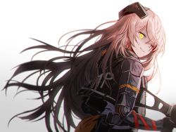 Rule 34 | 1girl, bad id, bad twitter id, brown hair, clothes writing, damaged, dirty, floating hair, from side, girls&#039; frontline, gloves, gradient background, gun, h&amp;k ump, hair between eyes, hair ornament, headgear, heckler &amp; koch, holding, holding gun, holding weapon, jacket, long hair, looking at viewer, mod3 (girls&#039; frontline), one eye closed, one side up, parted lips, prosthesis, prosthetic arm, scar, scar across eye, scar on face, silence girl, simple background, smile, submachine gun, torn clothes, twintails, ump45 (girls&#039; frontline), ump45 (mod3) (girls&#039; frontline), weapon, wind, wind lift, yellow eyes