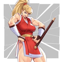 Rule 34 | 1girl, :d, blonde hair, breasts, brown eyes, capcom, final fight, genryuusai maki, highres, japanese clothes, large breasts, long hair, looking at viewer, muscular, muscular female, ninja, ogami, open mouth, pelvic curtain, ponytail, simple background, smile, solo, street fighter, tonfa, weapon