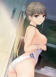 Rule 34 | 1girl, ass, bow, breasts, brown hair, coffee-kizoku, dengeki moeou, female focus, from side, goggles, goggles around neck, hair bow, highres, long hair, looking at viewer, looking back, medium breasts, nipples, one-piece swimsuit, parted lips, ponytail, purple eyes, scan, solo, swimsuit, white one-piece swimsuit