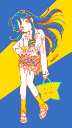 Rule 34 | 1girl, :|, absurdres, animal print, artist name, bag, bike shorts, blue background, closed mouth, cone horns, fashion, fishnet skirt, floating hair, hand on own hip, head tilt, highres, holding, holding bag, horns, limited palette, long hair, looking at viewer, lum, midriff, mpkuts, navel, open clothes, open shirt, pointy ears, print tank top, sandals, shirt, sidelocks, socks, solo, standing, star-shaped bag, star (symbol), tied shirt, tiger print, toes, urusei yatsura, yellow background