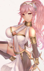 Rule 34 | 1girl, braid, breasts, cleavage, closed mouth, dancer, fire emblem, fire emblem awakening, hairband, highres, large breasts, long hair, nintendo, olivia (fire emblem), pink eyes, pink hair, ponytail, shounen (hogehoge), simple background, smile, solo, twin braids