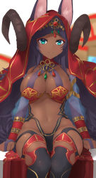 Rule 34 | 1girl, absurdres, animal ear fluff, animal ears, aqua eyes, breasts, bridal gauntlets, cleavage, clenched hand, curled horns, dark-skinned female, dark skin, fate/grand order, fate (series), gem, gold, gold trim, head chain, highres, hiyoko (pixiv16803940), hood, hood up, horns, jewelry, large breasts, long hair, looking at viewer, navel, purple hair, queen of sheba (fate), red hood, revealing clothes, sitting, smile, solo, thighhighs, very long hair