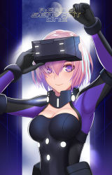 Rule 34 | 1girl, arm up, breasts, cleavage, eyewear on head, fate/grand order, fate (series), hair over one eye, highres, looking at viewer, mash kyrielight, medium breasts, parody, pink hair, purple eyes, ready player one, short hair, smile, solo, visor, zhao shixuan