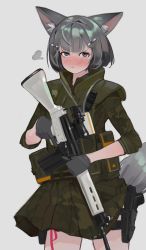 Rule 34 | absurdres, animal ears, assault rifle, blue eyes, blush, camouflage, camouflage jacket, camouflage skirt, closed mouth, embarrassed, fox ears, fox tail, gloves, grey background, grey gloves, grey skirt, gun, hair ornament, hairclip, handgun, highres, holding, holding gun, holding weapon, holster, jacket, looking at viewer, miniskirt, original, polilla, rifle, simple background, skirt, tail, thigh holster, thigh strap, trigger discipline, weapon