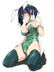 Rule 34 | 10s, 1girl, animal ears, bad id, bad twitter id, blue eyes, blue hair, blush, bow, bowtie, breasts, bursting breasts, cameltoe, cleavage, detached collar, fake animal ears, female focus, full body, green thighhighs, groin, hair ribbon, hand on own chest, high heels, highres, kantai collection, large breasts, leotard, looking at viewer, matching hair/eyes, nervous smile, no bra, playboy bunny, rabbit ears, rabbit tail, ribbon, seiza, shiny skin, sitting, skin tight, smile, solo, souryuu (kancolle), tail, thighhighs, twintails, ulrich (tagaragakuin), white background, wrist cuffs