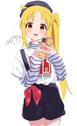 Rule 34 | 1girl, beret, black shorts, blonde hair, bocchi the rock!, bow, hat, highres, holding, holding phone, ijichi nijika, irohvs, layered sleeves, long hair, long sleeves, open mouth, phone, red bow, red eyes, shirt, short over long sleeves, short sleeves, shorts, side ponytail, sidelocks, simple background, smile, solo, striped clothes, striped shirt, white background, white shirt