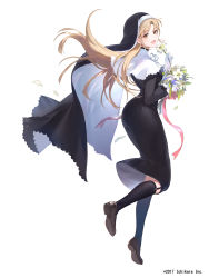 Rule 34 | 1girl, black dress, black legwear, blush, bouquet, brown eyes, brown footwear, brown hair, dress, flower, from behind, from side, full body, garter straps, gloves, habit, highres, holding, holding flower, hoojiro, light brown hair, lily (flower), long hair, long sleeves, looking at viewer, nijisanji, nun, official art, open mouth, simple background, sister claire, sister claire (1st costume), smile, solo, very long hair, virtual youtuber, watermark, white background, white flower, white gloves