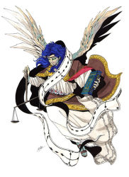 Rule 34 | angel, atlus, blue hair, book, demon, dominion (shin megami tensei), feathers, persona, sandals, scales, shin megami tensei, wings