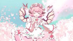 Rule 34 | 1girl, animal, animal ears, bird, bird ears, bird wings, cake mogo, commentary, dress, facing viewer, frilled dress, frilled sleeves, frills, hat, long sleeves, mob cap, mystia lorelei, open mouth, pink dress, pink hair, short hair, smile, solo, sparrow, touhou, touhou mystia&#039;s izakaya, white dress, white hat, white wings, wide sleeves, wings
