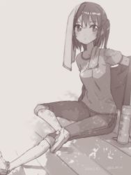 Rule 34 | 10s, 1girl, 2016, arm up, artist name, blush, casual, dappled sunlight, dated, eyebrows, grey theme, greyscale, jacket, kantai collection, koruri, looking at viewer, monochrome, open clothes, open jacket, pants, sendai (kancolle), shirt, shoes, short hair, short sleeves, sitting, solo, stairs, sunlight, t-shirt, tareme, thermos, towel, towel on head, twintails, two side up, undressing