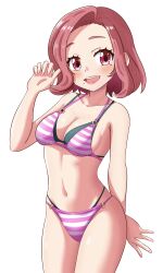 Rule 34 | 1girl, absurdres, bikini, breasts, cleavage, commission, cowboy shot, highres, layered bikini, maho (corotonton5150), medium breasts, mole, mole under eye, open mouth, original, pink bikini, red eyes, red hair, short hair, simple background, smile, solo, striped bikini, striped clothes, swimsuit, teeth, upper teeth only, white background