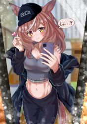 Rule 34 | 1girl, absurdres, alternate costume, animal ears, blurry, blurry background, boc&#039;z (umamusume), breasts, cellphone, cleavage, collarbone, commentary request, ei ei mun!, grey tank top, hair ornament, hairclip, hat, heart, heart hands, highres, horse ears, horse girl, horse tail, jacket, jimo jimon, matikane tannhauser (boc&#039;z) (umamusume), matikane tannhauser (umamusume), medium breasts, midriff, pants, phone, selfie, smile, solo, tail, tank top, umamusume, yellow eyes