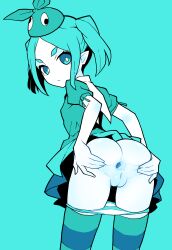 Rule 34 | 1girl, akableak, anus, aqua hair, ass, bent over, cleft of venus, closed mouth, expressionless, gradient hair, green eyes, highres, looking at viewer, looking back, monochrome background, monogatari (series), multicolored hair, navel, ononoki yotsugi, panties, pussy, simple background, spread anus, striped clothes, striped panties, striped thighhighs, thick eyebrows, thighhighs, twintails, uncensored, underwear