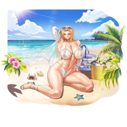 Rule 34 | 1girl, abs, arm behind head, armpit crease, armpits, bag, bare shoulders, beach, bikini, blonde hair, blue bag, blue gemstone, breasts, cellphone, cleavage, cloud, cloudy sky, collarbone, crab, earrings, eyeliner, eyewear on head, flower, gem, glass bottle, groin tendon, hair intakes, hand on ground, heart, heart-shaped eyewear, heart o-ring, heart ring bottom, hibiscus, high heels, highres, hoop earrings, huge breasts, ice, ice bucket, ice cube, jewelry, last origin, linea alba, lips, long hair, looking at viewer, lotion, metal bikini, muscular, muscular female, navel, necklace, o-ring, o-ring bikini, ocean, official alternate costume, official art, open clothes, open mouth, open shirt, outdoors, palm tree, phone, pink flower, queen of mane, red eyeliner, seashell, see-through, see-through shirt, shell, shirt, silver footwear, sitting, skindentation, sky, slit pupils, smartphone, smile, soda bottle, starfish, strappy heels, sun, sunglasses, sunscreen, swimsuit, tachi-e, taesi, teeth, third-party source, toeless footwear, transparent background, tree, white bikini, white shirt, yellow eyes, yokozuwari