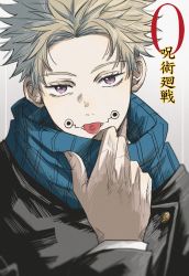 Rule 34 | 1boy, absurdres, black eyes, black jacket, blonde hair, blue scarf, copyright name, facial tattoo, forehead, gakuran, hand up, highres, inumaki toge, jacket, jujutsu kaisen, long sleeves, looking at viewer, male focus, open mouth, scarf, school uniform, short hair, sketch, solo, tattoo, tongue, tongue out, tongue tattoo, upper body, white background, yoon (dmsco1803)