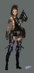 Rule 34 | 1girl, absurdres, bag, bandeau, black footwear, boots, brown eyes, brown gloves, brown hair, collarbone, dated, facing viewer, full body, gas mask, gloves, grey background, highres, holding, knee boots, looking at viewer, mask, midfinger, nail gun, original, overalls, parted lips, realistic, screwdriver, simple background, solo, standing, tattoo, tool belt