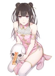 Rule 34 | 1girl, bad id, bad pixiv id, bare shoulders, black hair, china dress, chinese clothes, double bun, dress, flat chest, hair bun, heisei yutorin, long hair, looking at viewer, open mouth, original, purple eyes, skull, solo, thighhighs, white background, white thighhighs