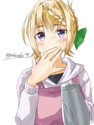 Rule 34 | 1girl, apron, blonde hair, braid, braided bangs, braided bun, commentary request, finger to mouth, green apron, hair bun, highres, hood, hooded sweater, hoodie, jug (bottle), kantai collection, long hair, looking at viewer, makinoki, official alternate costume, perth (kancolle), purple eyes, solo, sweater, twitter username, upper body, white sweater