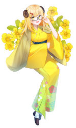 Rule 34 | 1girl, :d, absurdres, adjusting eyewear, bad id, bad pixiv id, black-framed eyewear, blonde hair, blush, boots, breasts, commentary request, commission, curled horns, floral background, floral print, flower, full body, gradient kimono, green kimono, hair ornament, hairclip, hand up, highres, horns, japanese clothes, kimono, long hair, long sleeves, looking at viewer, mamel 27, obi, open mouth, original, print kimono, sash, semi-rimless eyewear, simple background, sitting, sleeves past wrists, small breasts, smile, solo, under-rim eyewear, very long hair, white background, white footwear, wide sleeves, yellow eyes, yellow flower, yellow kimono