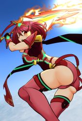 Rule 34 | 1girl, ahoge, artist request, ass, attack, breasts, cameltoe, circlet, fingerless gloves, fire, from below, gloves, highres, large breasts, leaning, leaning forward, looking at viewer, nintendo, open mouth, pyra (xenoblade), red eyes, red hair, scarf, short hair, short shorts, shorts, sideboob, solo, sword, thighhighs, weapon, xeno (series), xenoblade chronicles (series), xenoblade chronicles 2, xenoblade chronicles (series), xenoblade chronicles 2