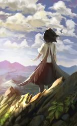 Rule 34 | 1girl, absurdres, arms up, bird wings, black hair, black pantyhose, black skirt, blue sky, cloud, cowboy shot, day, facing away, feathered wings, fjsmu, from behind, grass, hair blowing, hat, highres, leaf, mountain, mountainous horizon, outdoors, pantyhose, puffy short sleeves, puffy sleeves, scenery, shameimaru aya, shirt, short hair, short sleeves, skirt, sky, solo, standing, tokin hat, touhou, valley, white shirt, wings