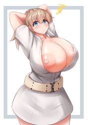 Rule 34 | absurdres, annoyed, areola slip, arms behind head, belt, blue eyes, blush, breasts, cleavage, dress, highres, huge breasts, intrepid (kancolle), kantai collection, light brown hair, nipple slip, nipples, partially unbuttoned, ponytail, short sleeves, simple background, sinape, solo, squiggle